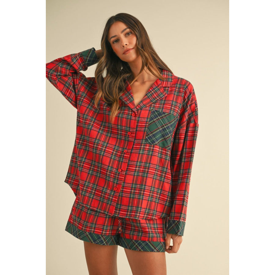 Annie Wear Contrast Plaid Long Sleeve Top and Shorts Set Red / S Apparel and Accessories