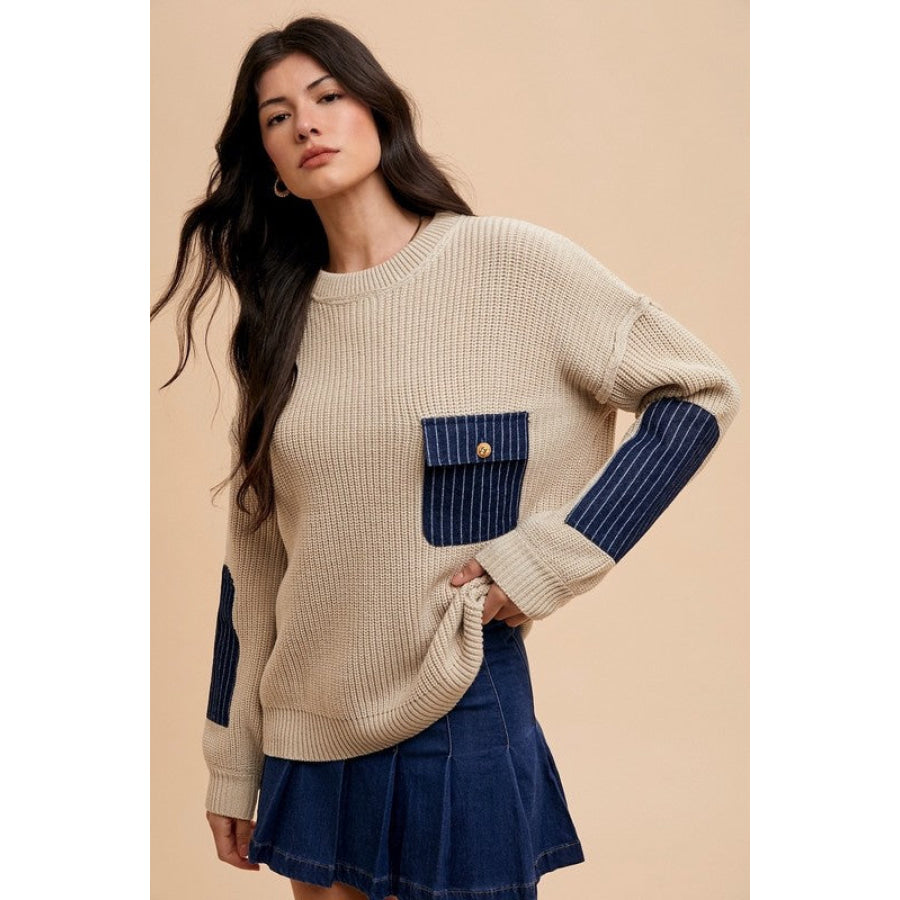 Annie Wear Contrast Round Neck Drop Shoulder Sweater with Patch Pocket Apparel and Accessories