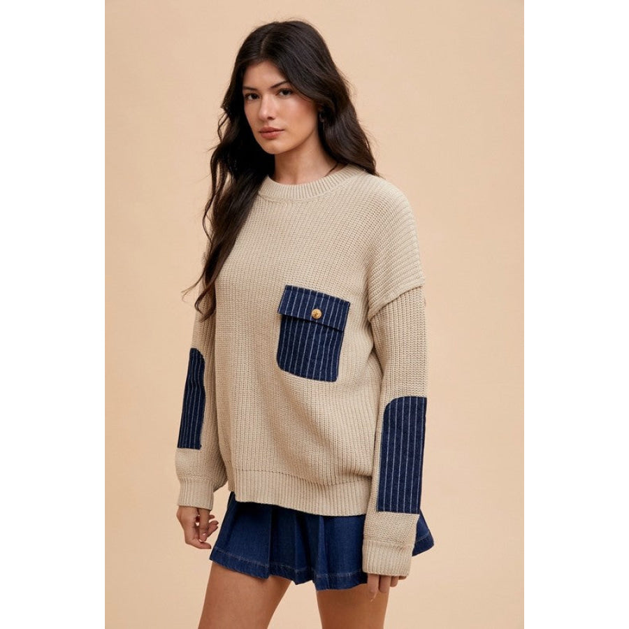 Annie Wear Contrast Round Neck Drop Shoulder Sweater with Patch Pocket Apparel and Accessories