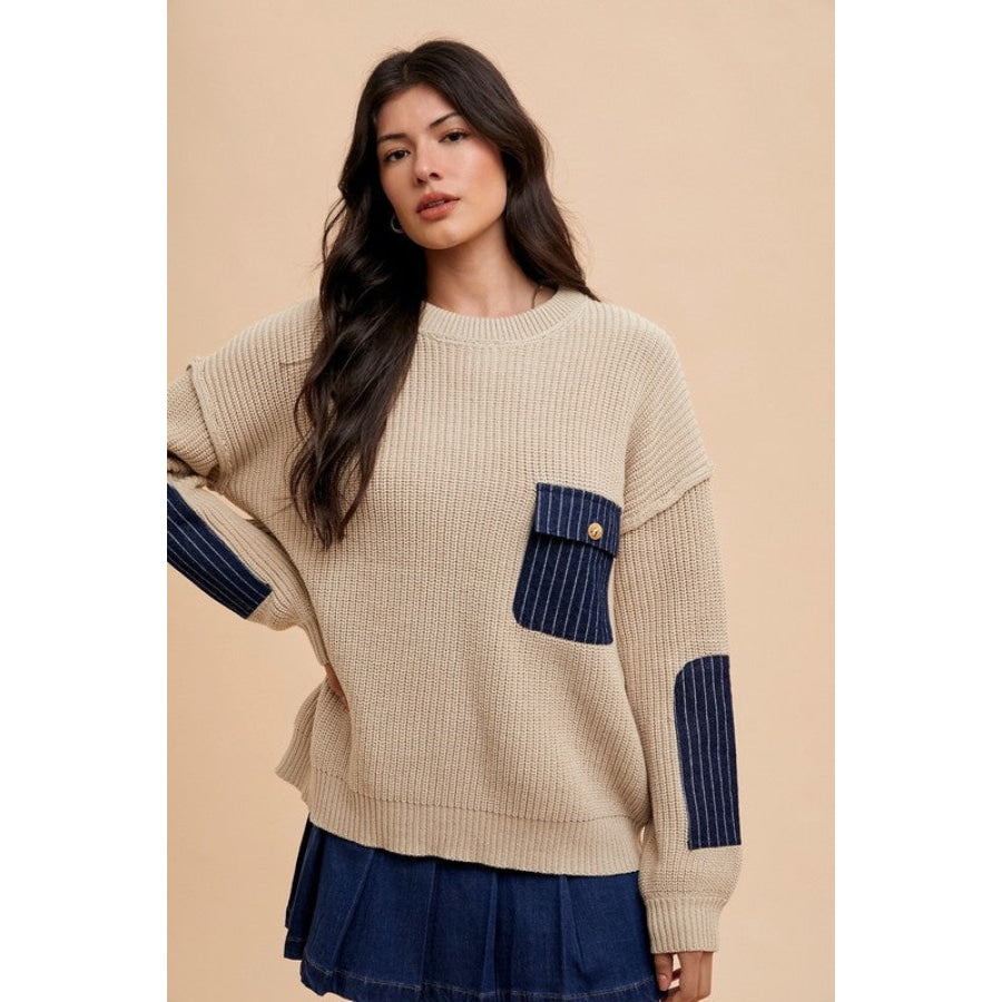 Annie Wear Contrast Round Neck Drop Shoulder Sweater with Patch Pocket Khaki / S Apparel and Accessories