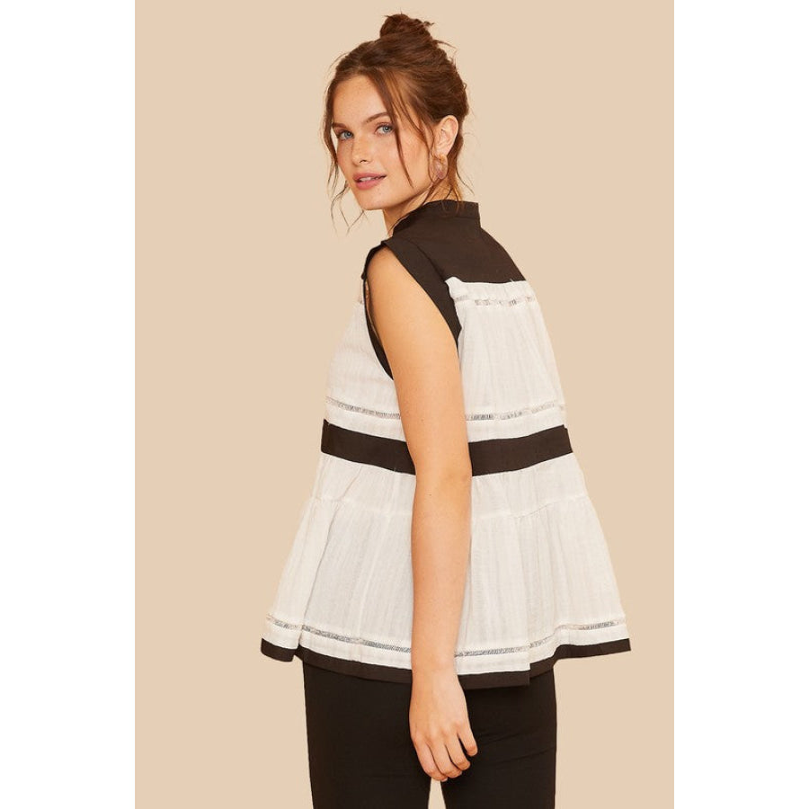 Annie Wear Contrast Trim Peplum Button Detail Blouse Black combo / S Apparel and Accessories