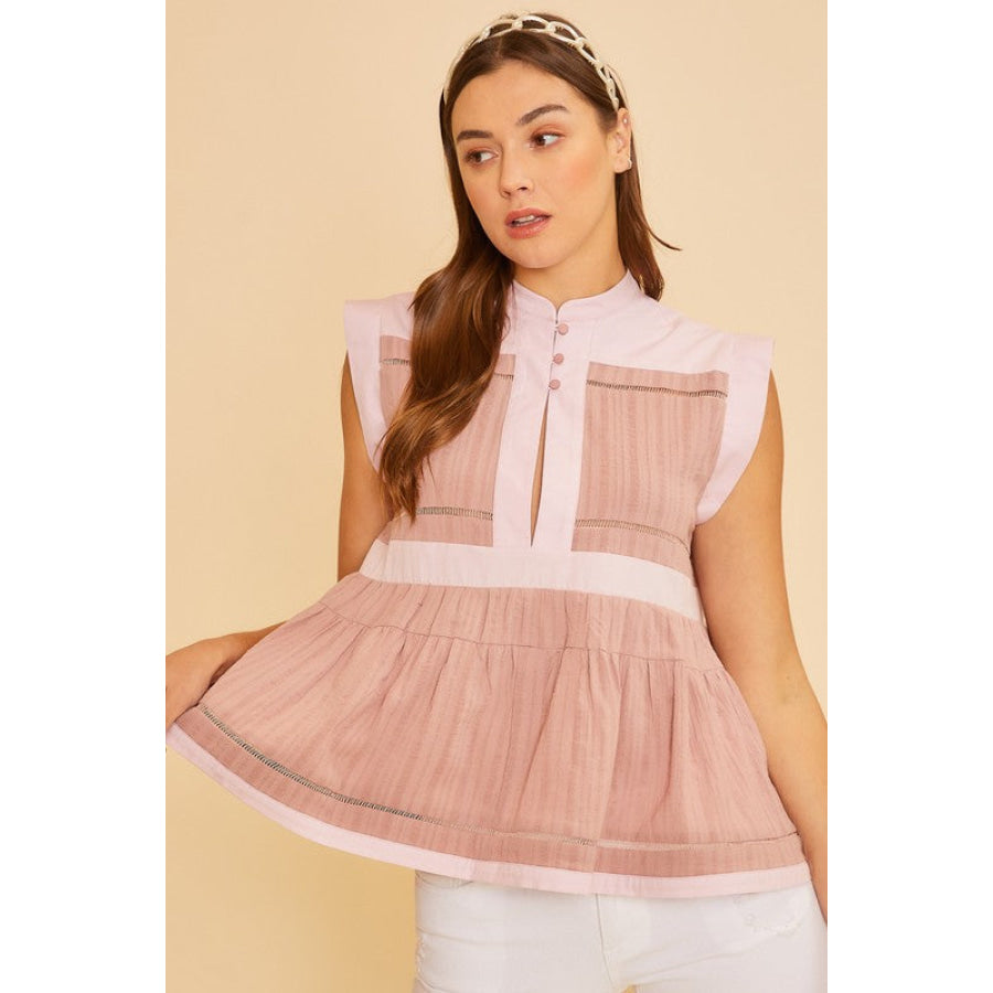 Annie Wear Contrast Trim Peplum Button Detail Blouse Apparel and Accessories