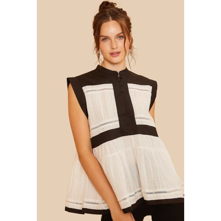 Annie Wear Contrast Trim Peplum Button Detail Blouse Apparel and Accessories