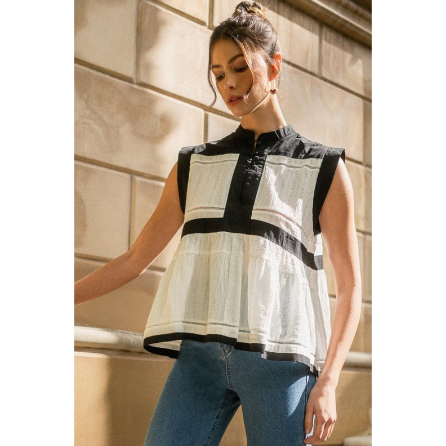 Annie Wear Contrast Trim Peplum Button Detail Blouse Apparel and Accessories