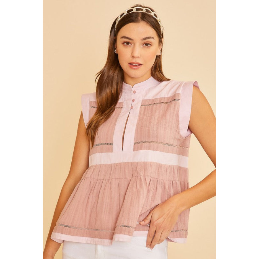 Annie Wear Contrast Trim Peplum Button Detail Blouse Dusty Pink / S Apparel and Accessories