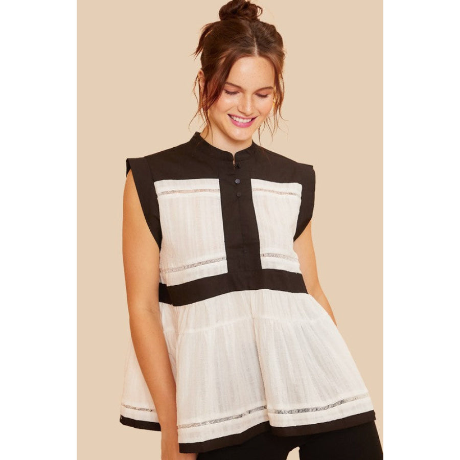 Annie Wear Contrast Trim Peplum Button Detail Blouse Black combo / S Apparel and Accessories