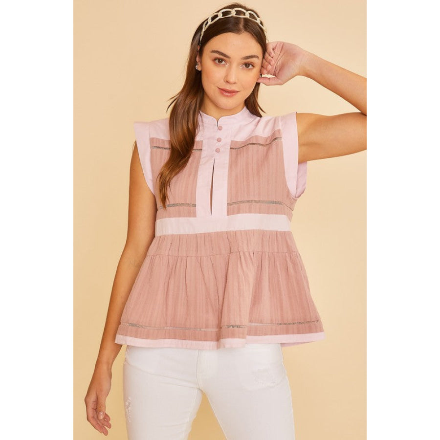 Annie Wear Contrast Trim Peplum Button Detail Blouse Dusty Pink / S Apparel and Accessories