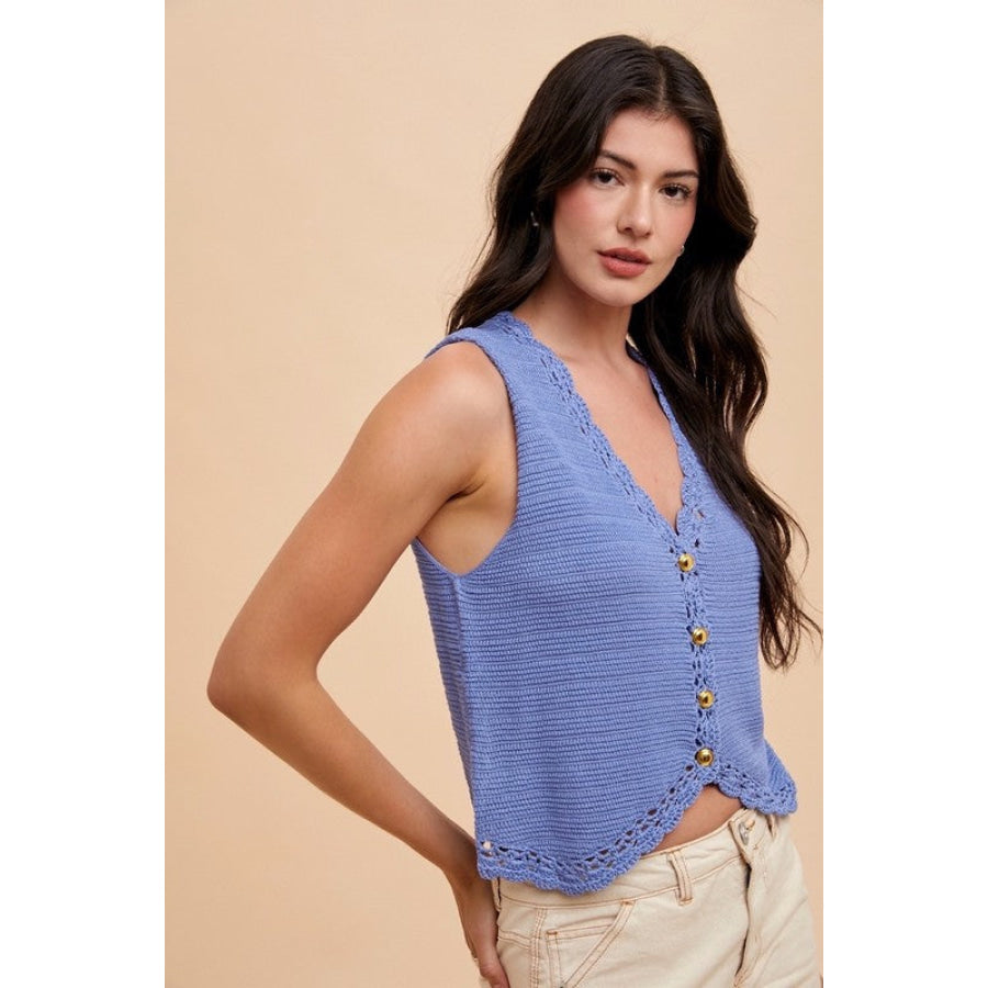 Annie Wear Crochet Trim Button Down Sweater Vest Denim Blue / S Apparel and Accessories