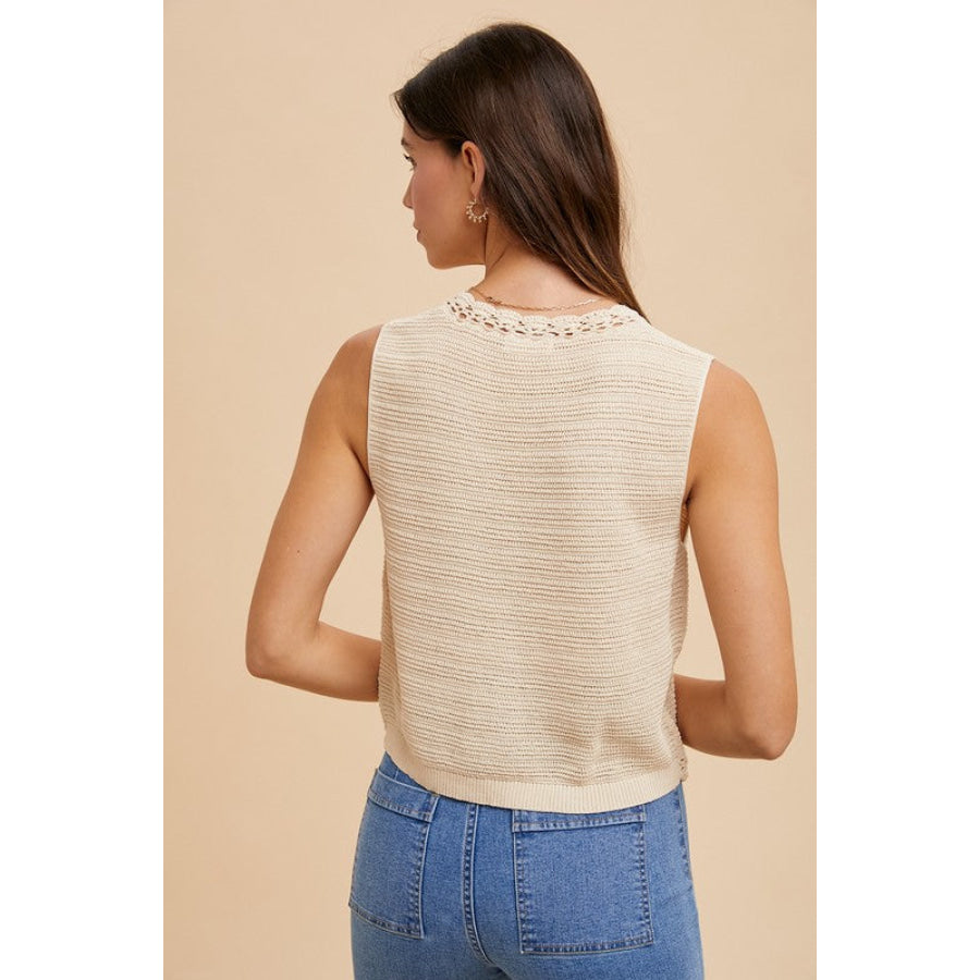 Annie Wear Crochet Trim Button Down Sweater Vest Apparel and Accessories