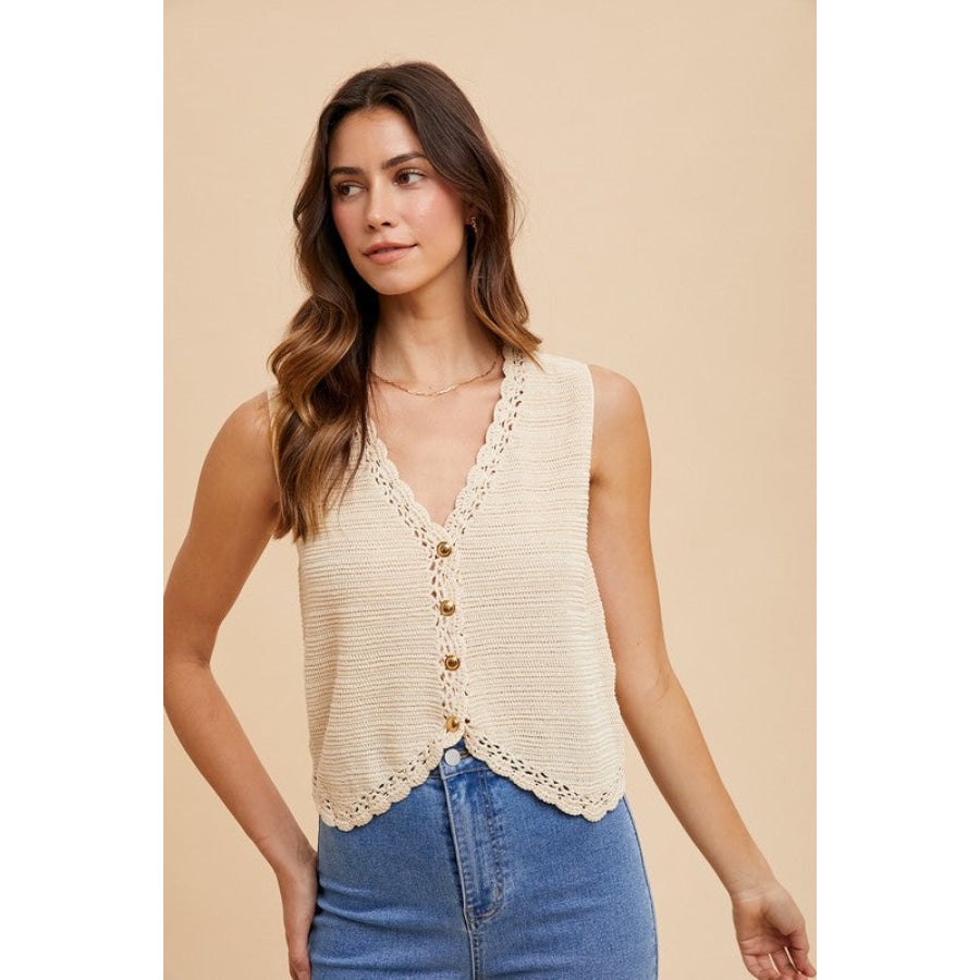 Annie Wear Crochet Trim Button Down Sweater Vest Apparel and Accessories