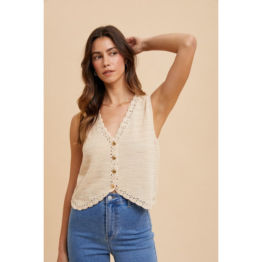 Annie Wear Crochet Trim Button Down Sweater Vest Apparel and Accessories