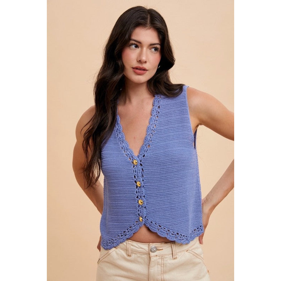 Annie Wear Crochet Trim Button Down Sweater Vest Denim Blue / S Apparel and Accessories