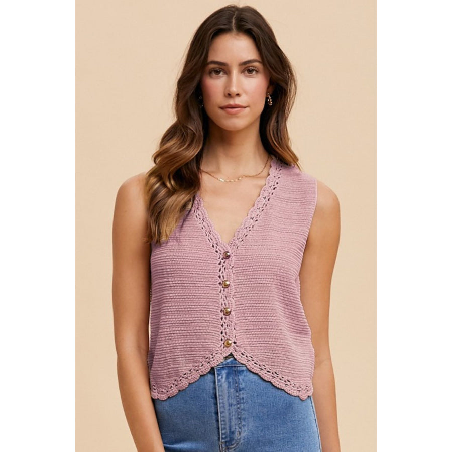 Annie Wear Crochet Trim Button Down Sweater Vest Dried Rose / S Apparel and Accessories