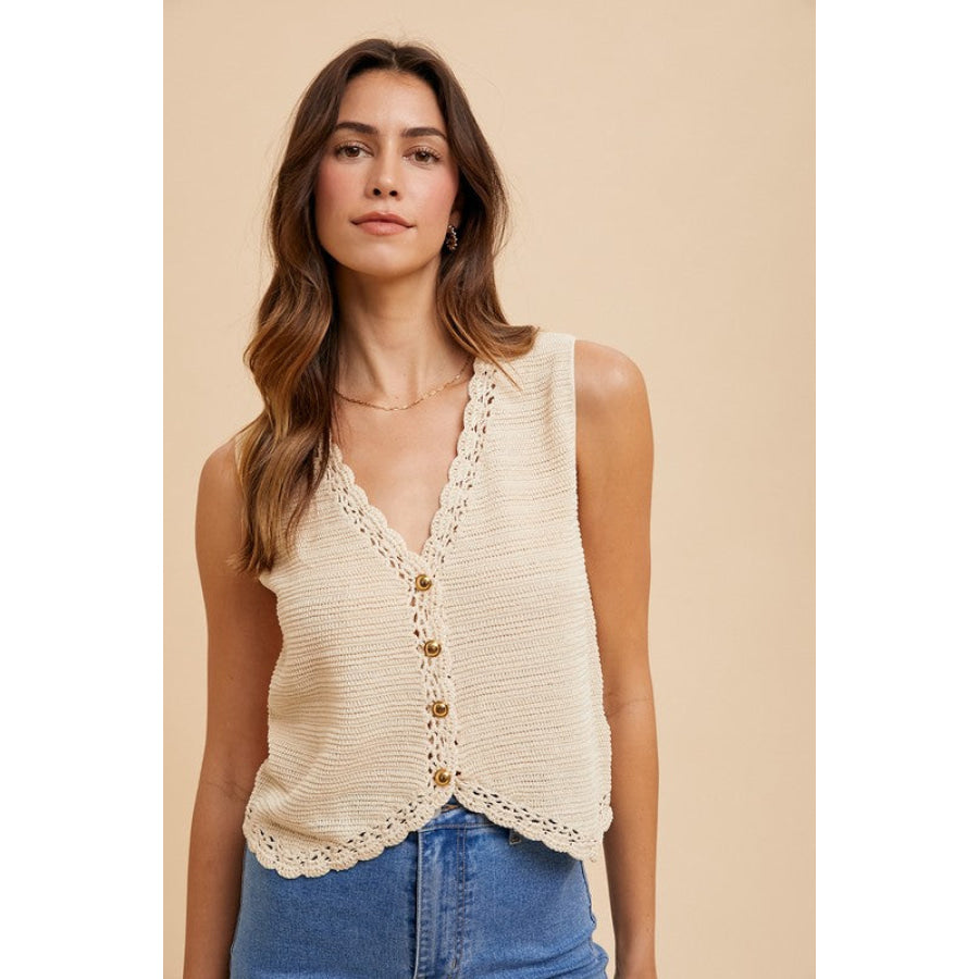 Annie Wear Crochet Trim Button Down Sweater Vest Oatmeal / S Apparel and Accessories