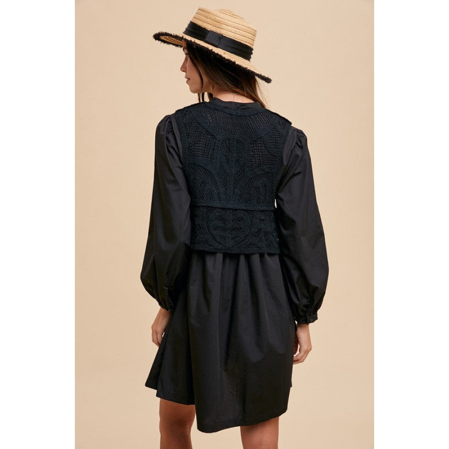 Annie Wear Crochet Vest Notched Long Sleeve Shirt Dress Apparel and Accessories