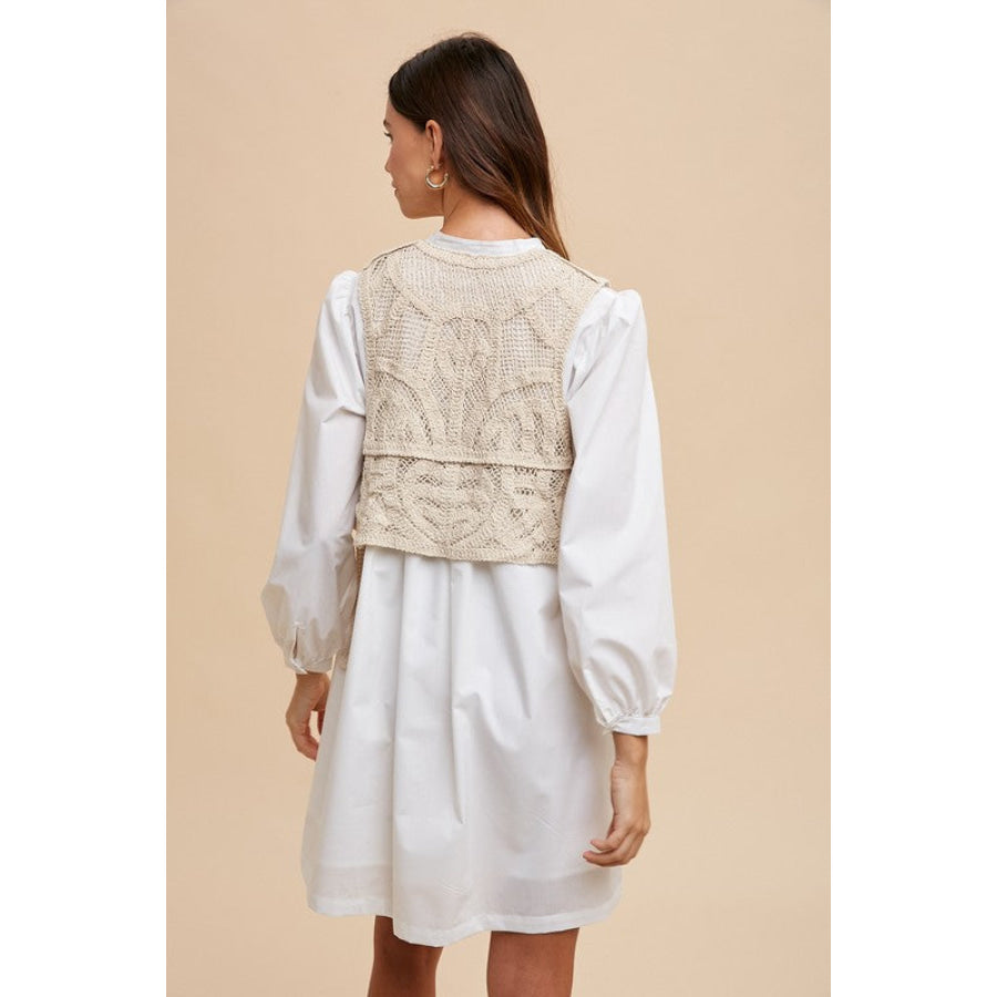 Annie Wear Crochet Vest Notched Long Sleeve Shirt Dress Apparel and Accessories