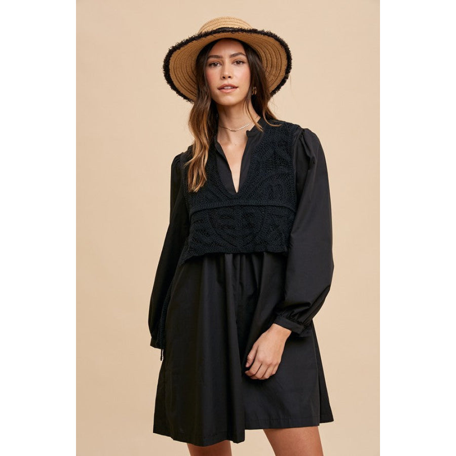 Annie Wear Crochet Vest Notched Long Sleeve Shirt Dress Apparel and Accessories