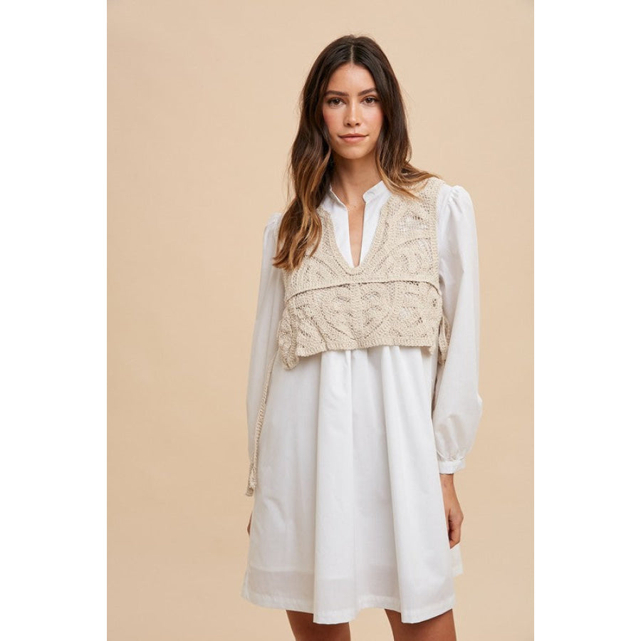 Annie Wear Crochet Vest Notched Long Sleeve Shirt Dress Apparel and Accessories