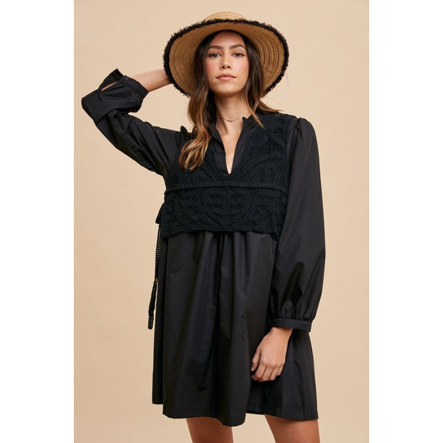 Annie Wear Crochet Vest Notched Long Sleeve Shirt Dress Black / S Apparel and Accessories