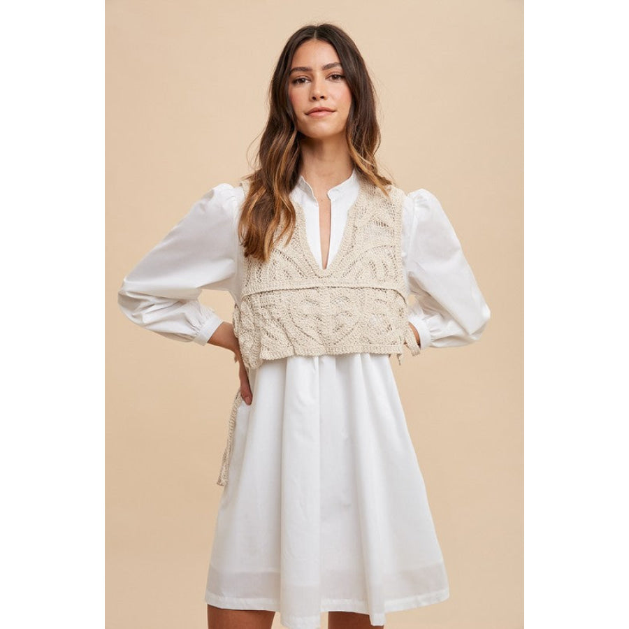 Annie Wear Crochet Vest Notched Long Sleeve Shirt Dress White / S Apparel and Accessories