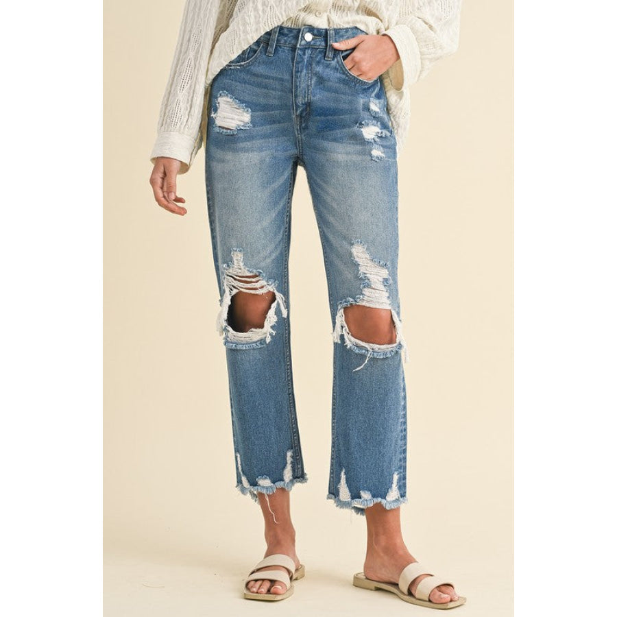 Annie Wear Distressed Raw Hem Cropped Jeans Denim / S Apparel and Accessories