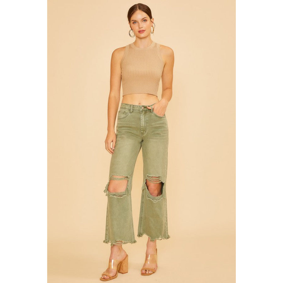 Annie Wear Distressed Raw Hem Jeans Yellow-Green / S Apparel and Accessories