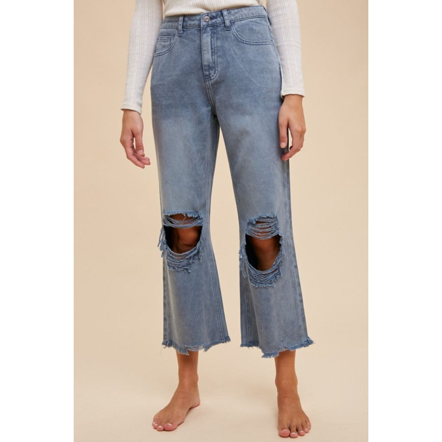 Annie Wear Distressed Raw Hem Jeans Dusty Blue / S Apparel and Accessories