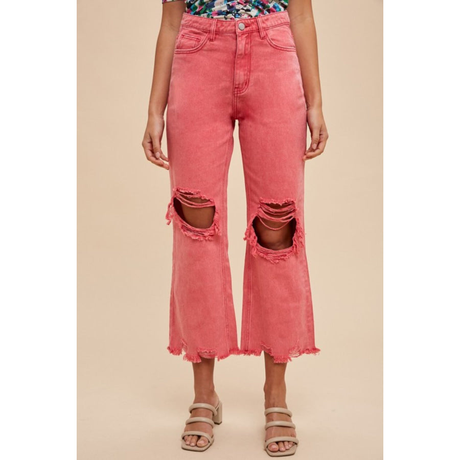 Annie Wear Distressed Raw Hem Jeans Strawberry / S Apparel and Accessories