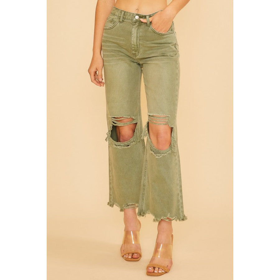 Annie Wear Distressed Raw Hem Jeans Yellow-Green / S Apparel and Accessories