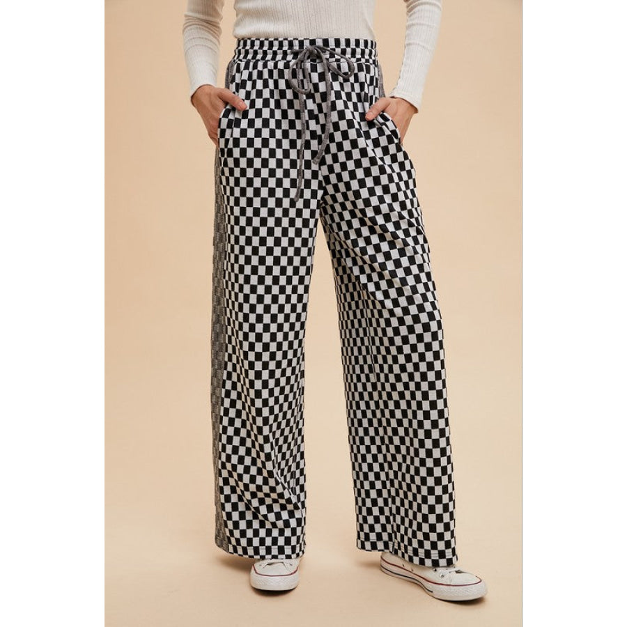 Annie Wear Drawstring Checkered Wide Leg Pants Black / S Apparel and Accessories