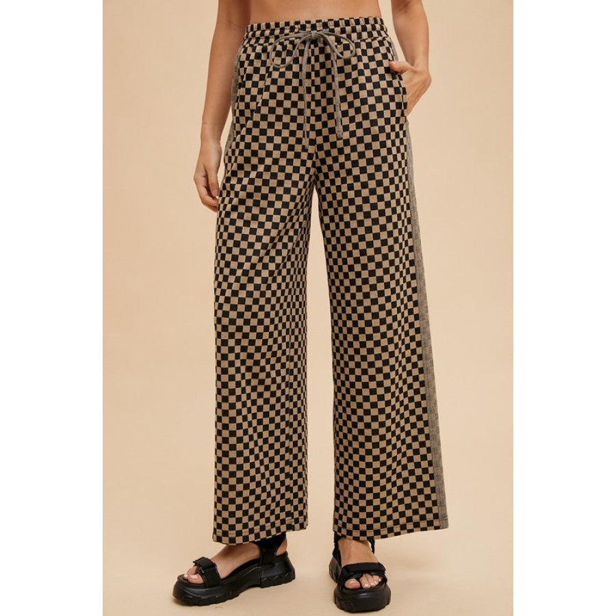 Annie Wear Drawstring Checkered Wide Leg Pants Camel / S Apparel and Accessories