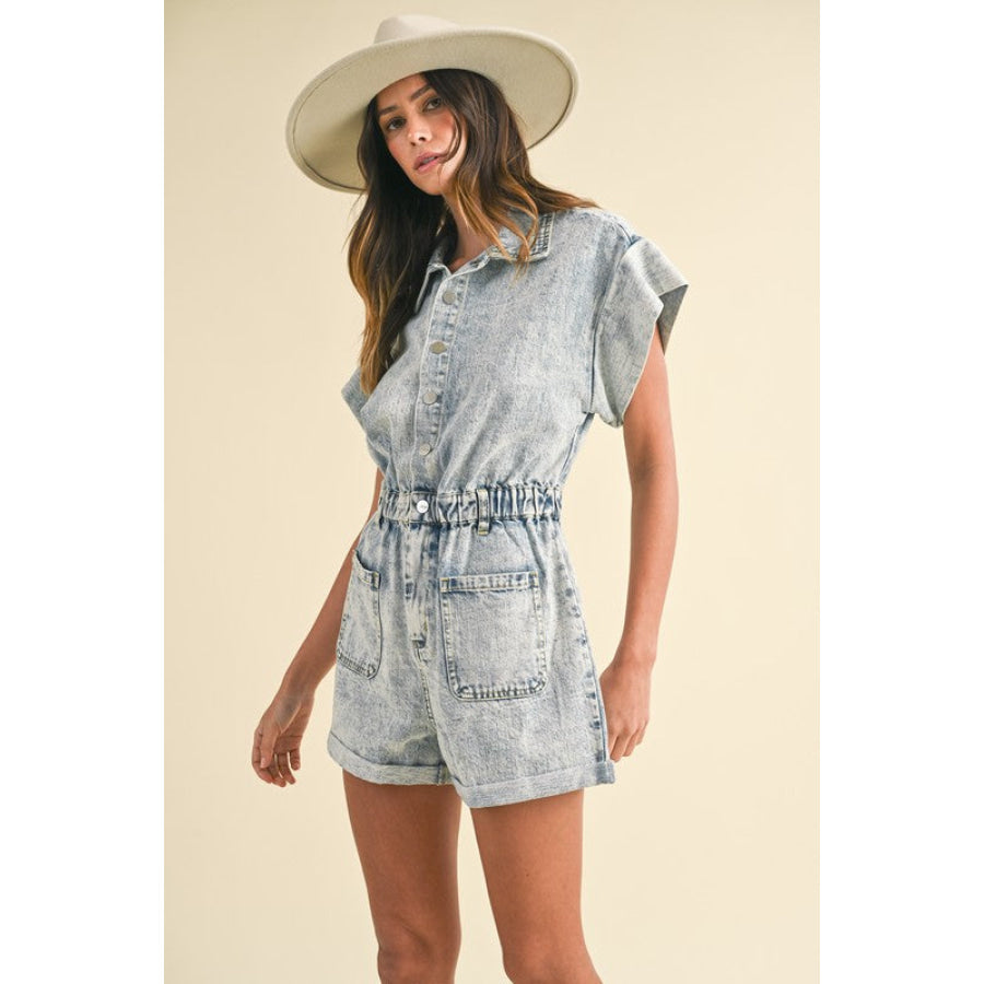 Annie Wear Elastic Waistband Short Sleeve Denim Romper Apparel and Accessories