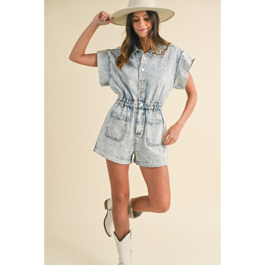 Annie Wear Elastic Waistband Short Sleeve Denim Romper Apparel and Accessories