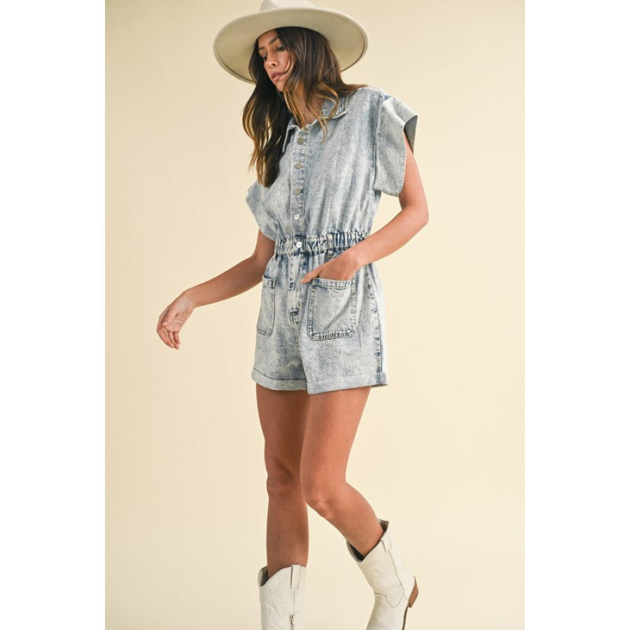 Annie Wear Elastic Waistband Short Sleeve Denim Romper Apparel and Accessories