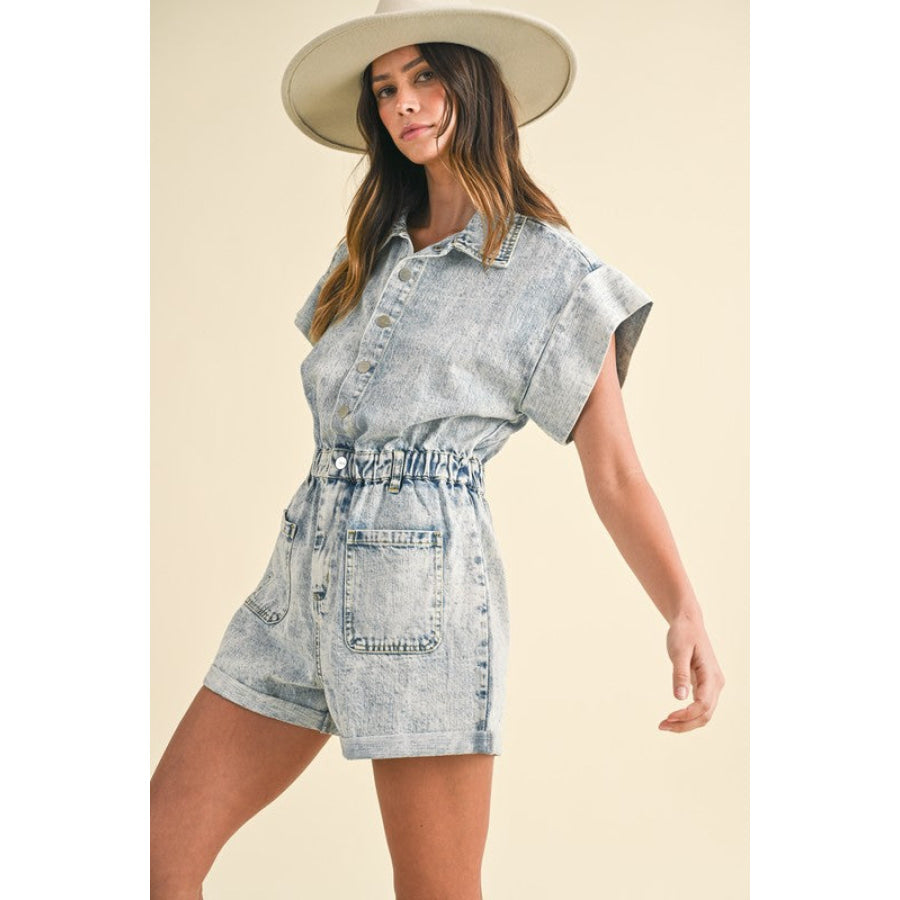 Annie Wear Elastic Waistband Short Sleeve Denim Romper Apparel and Accessories