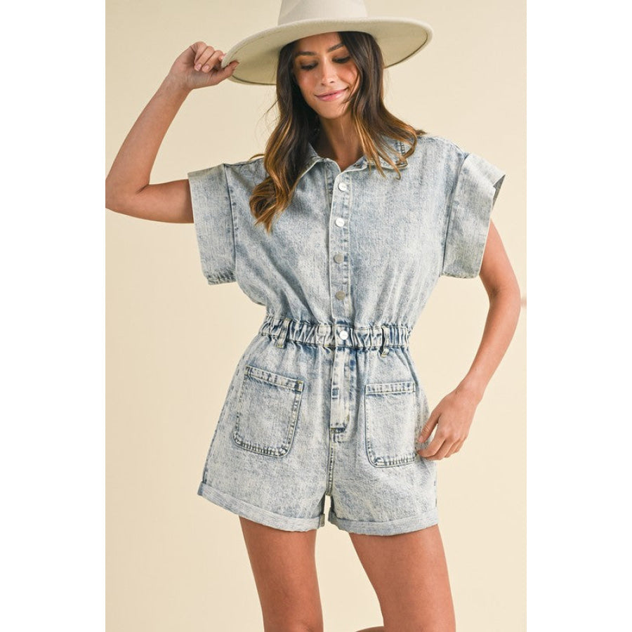 Annie Wear Elastic Waistband Short Sleeve Denim Romper Apparel and Accessories