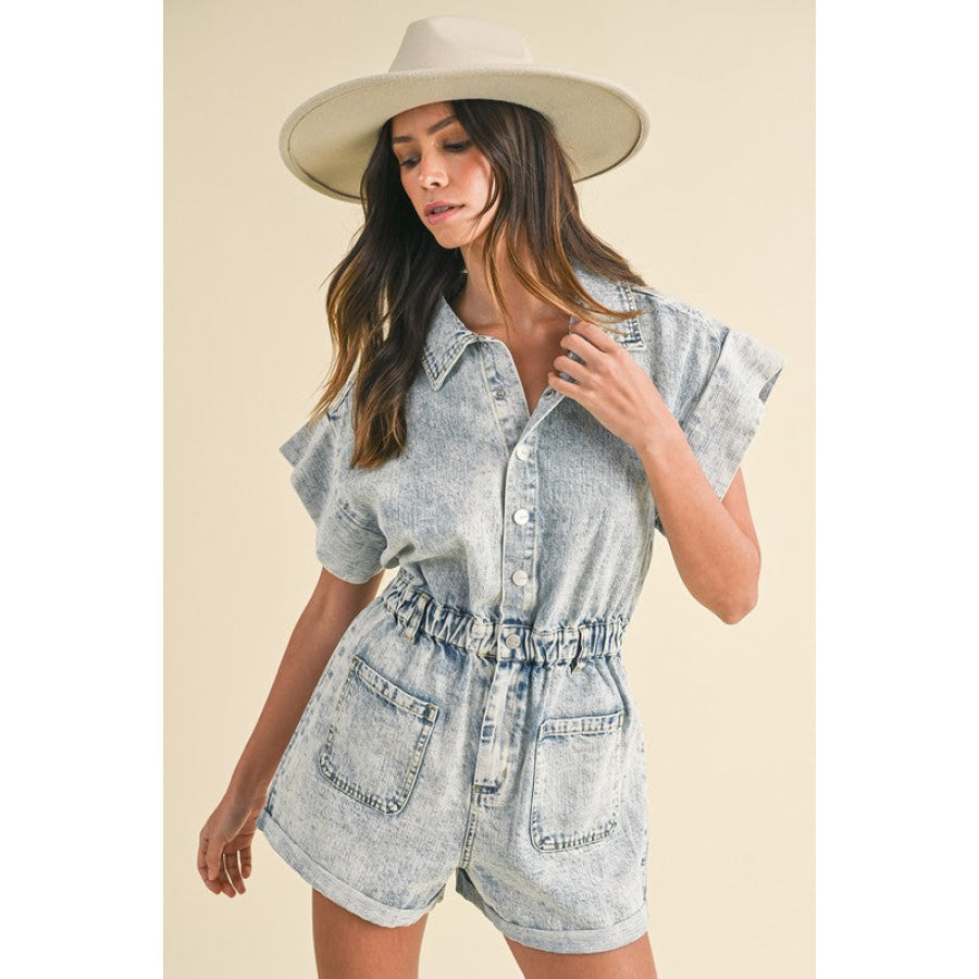 Annie Wear Elastic Waistband Short Sleeve Denim Romper Light / S Apparel and Accessories