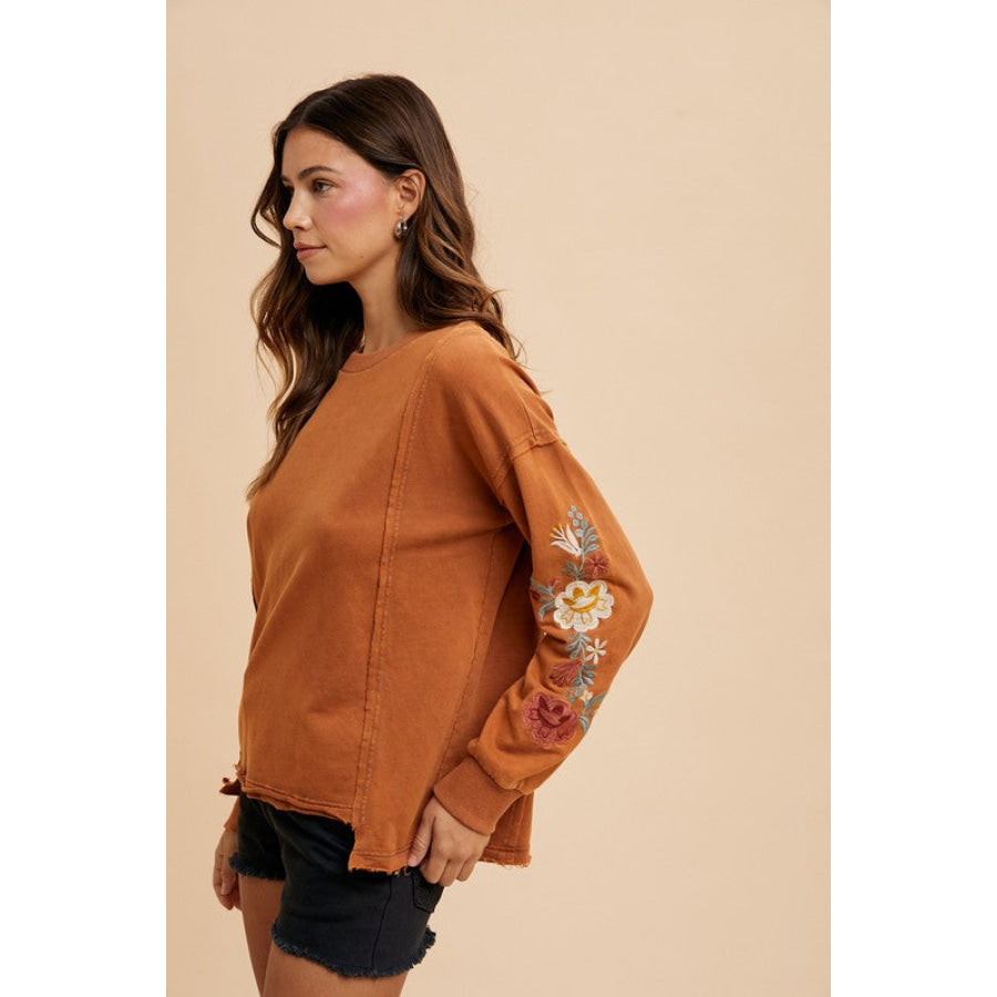 Annie Wear Embroidered Long Sleeve French Terry Top Terracotta / S Apparel and Accessories