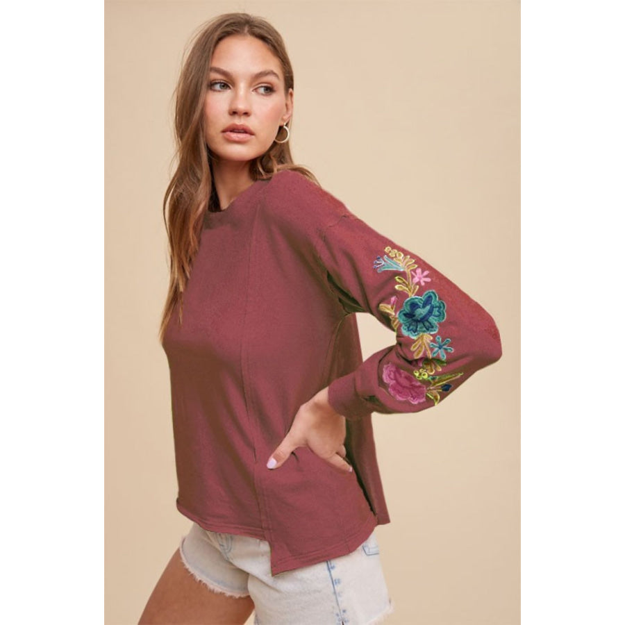 Annie Wear Embroidered Long Sleeve French Terry Top Burgundy / S Apparel and Accessories