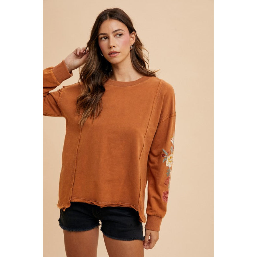 Annie Wear Embroidered Long Sleeve French Terry Top Terracotta / S Apparel and Accessories