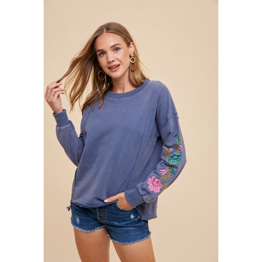 Annie Wear Embroidered Long Sleeve French Terry Top Washed Midnight / S Apparel and Accessories