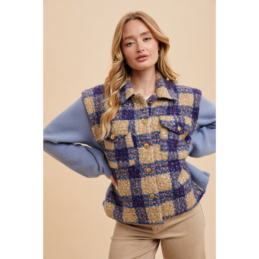 Annie Wear Faux Fur Plaid Button Up Jacket Blue / S Apparel and Accessories