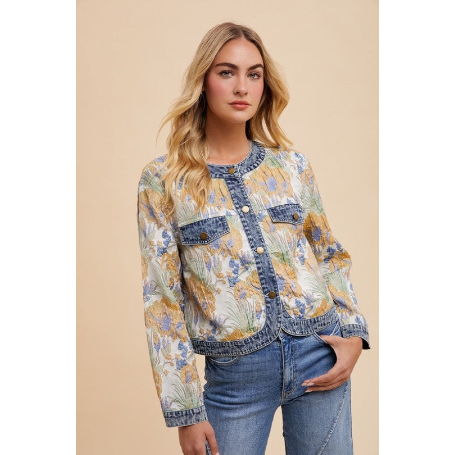 Annie Wear Floral Jacquard Denim Contrast Button Down Jacket Apparel and Accessories