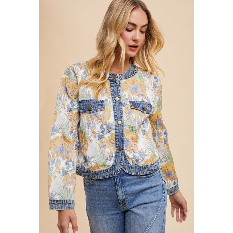 Annie Wear Floral Jacquard Denim Contrast Button Down Jacket Apparel and Accessories