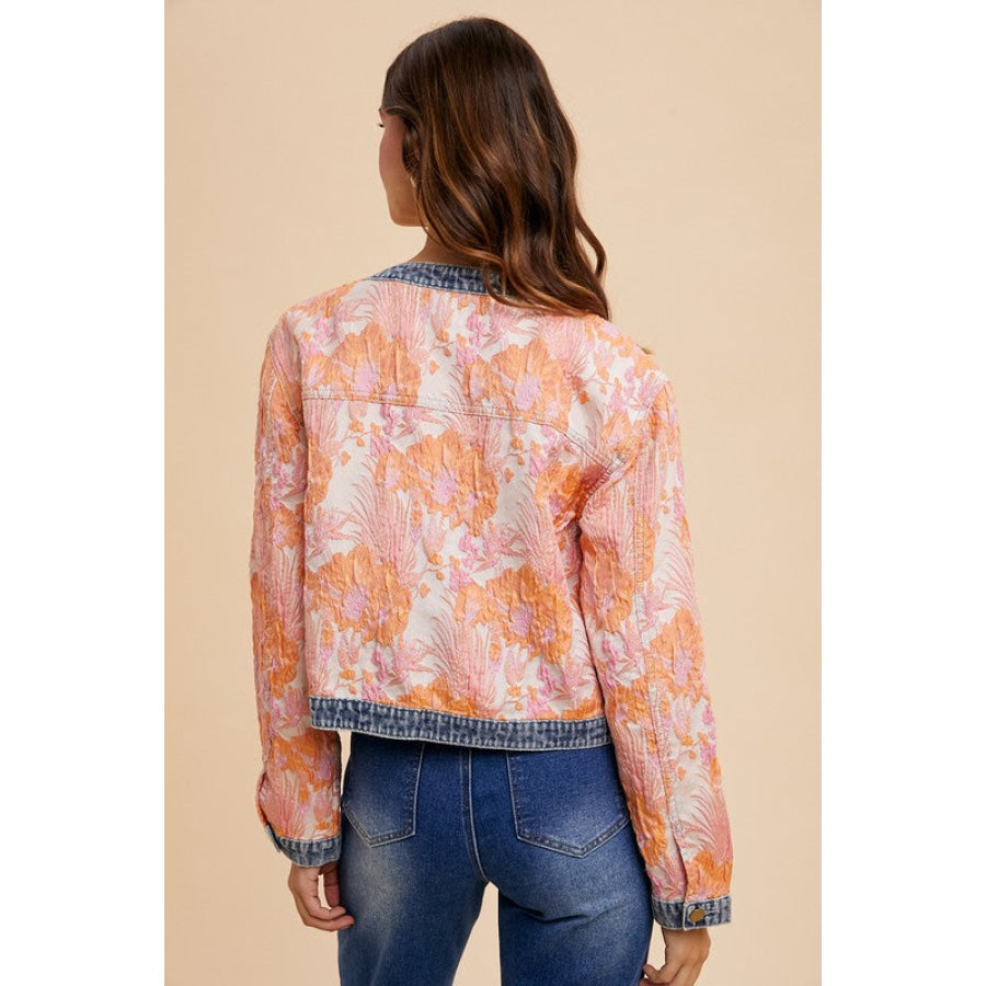 Annie Wear Floral Jacquard Denim Contrast Button Down Jacket Apparel and Accessories