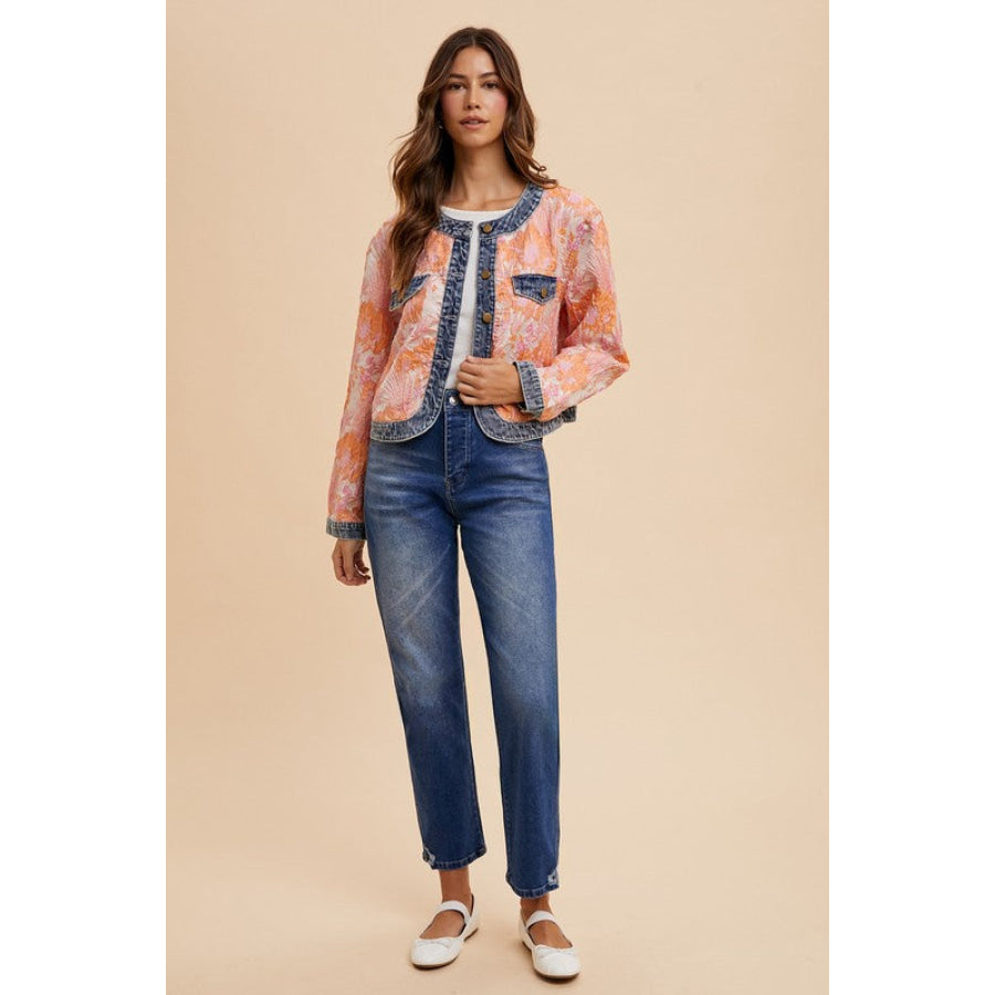 Annie Wear Floral Jacquard Denim Contrast Button Down Jacket Apparel and Accessories