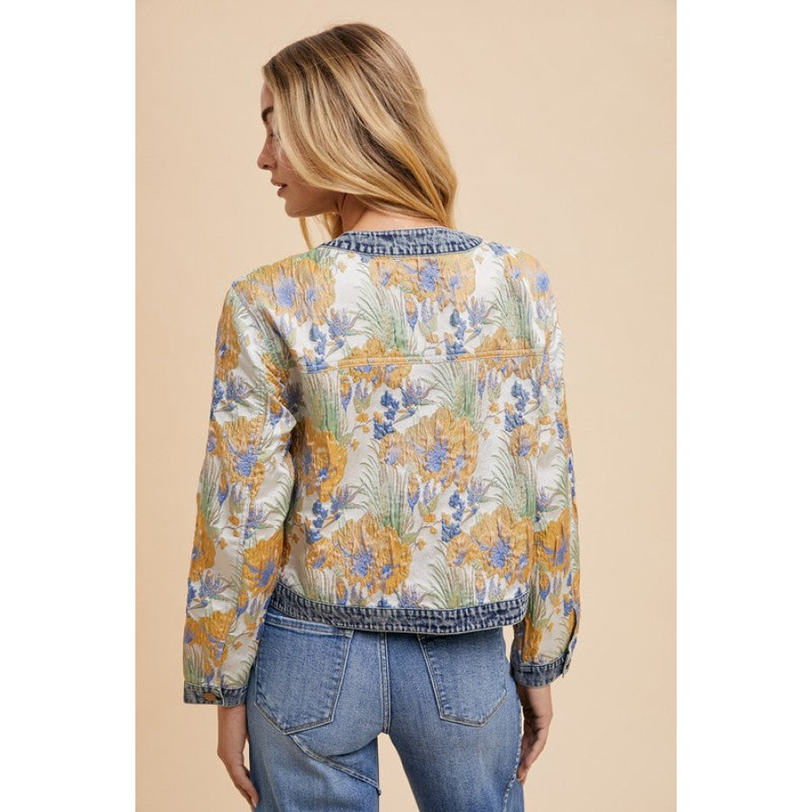 Annie Wear Floral Jacquard Denim Contrast Button Down Jacket Apparel and Accessories