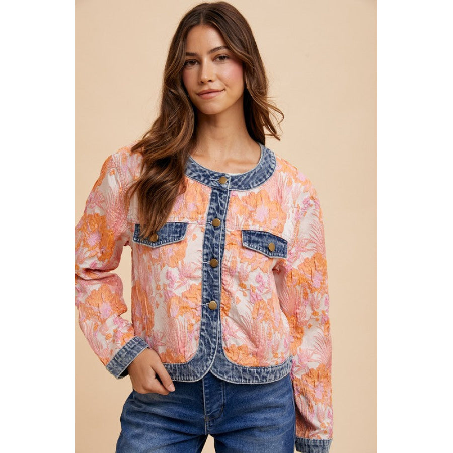 Annie Wear Floral Jacquard Denim Contrast Button Down Jacket Apparel and Accessories