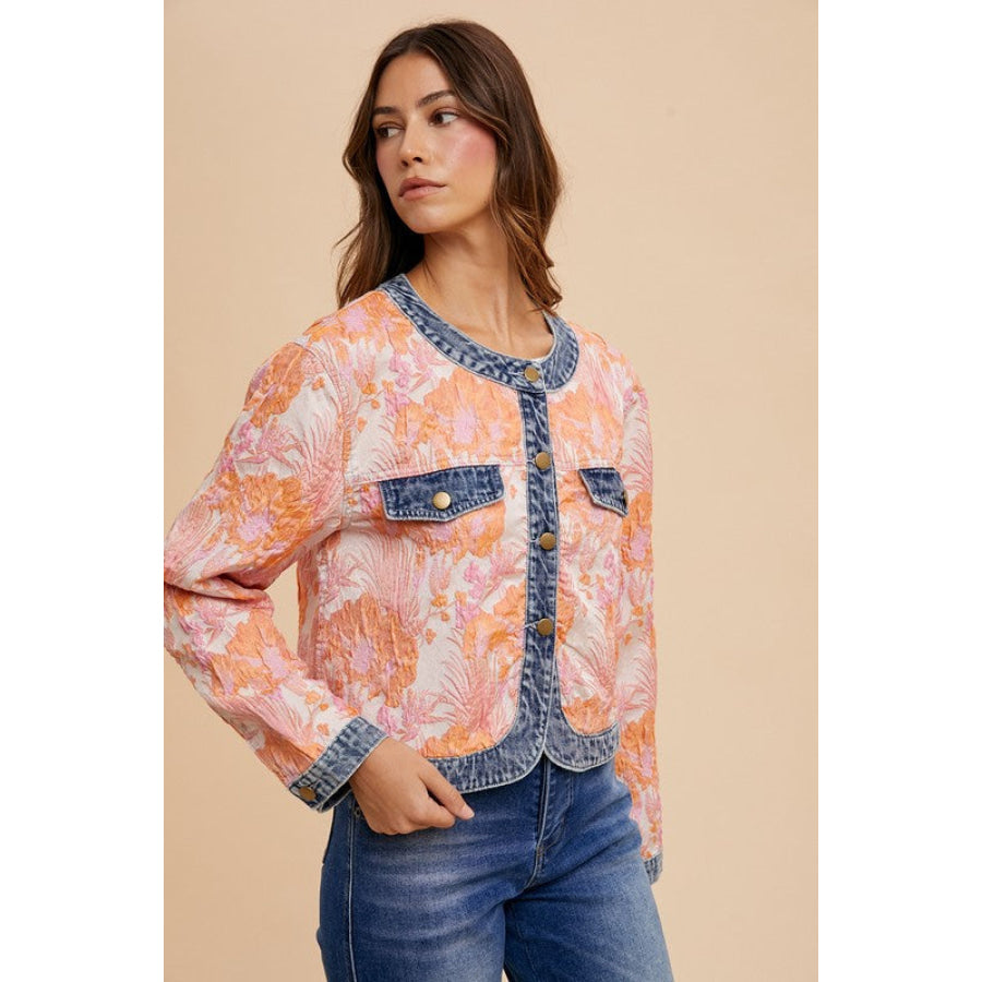 Annie Wear Floral Jacquard Denim Contrast Button Down Jacket Apparel and Accessories