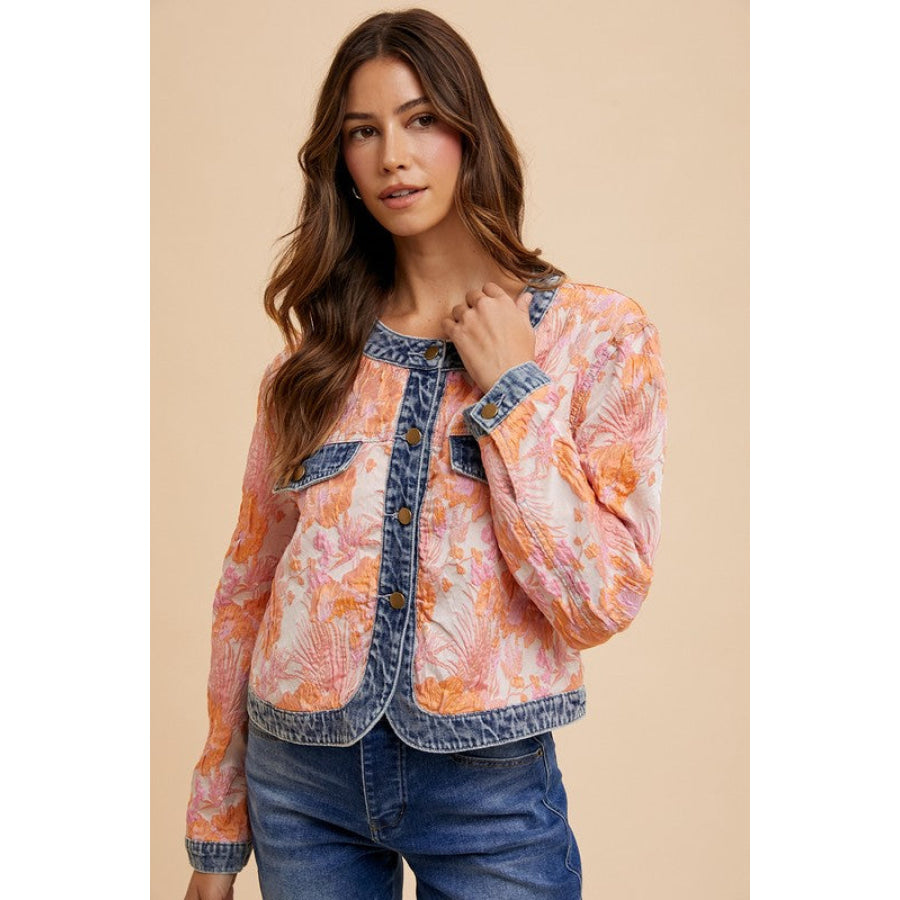 Annie Wear Floral Jacquard Denim Contrast Button Down Jacket Coral Combo / S Apparel and Accessories